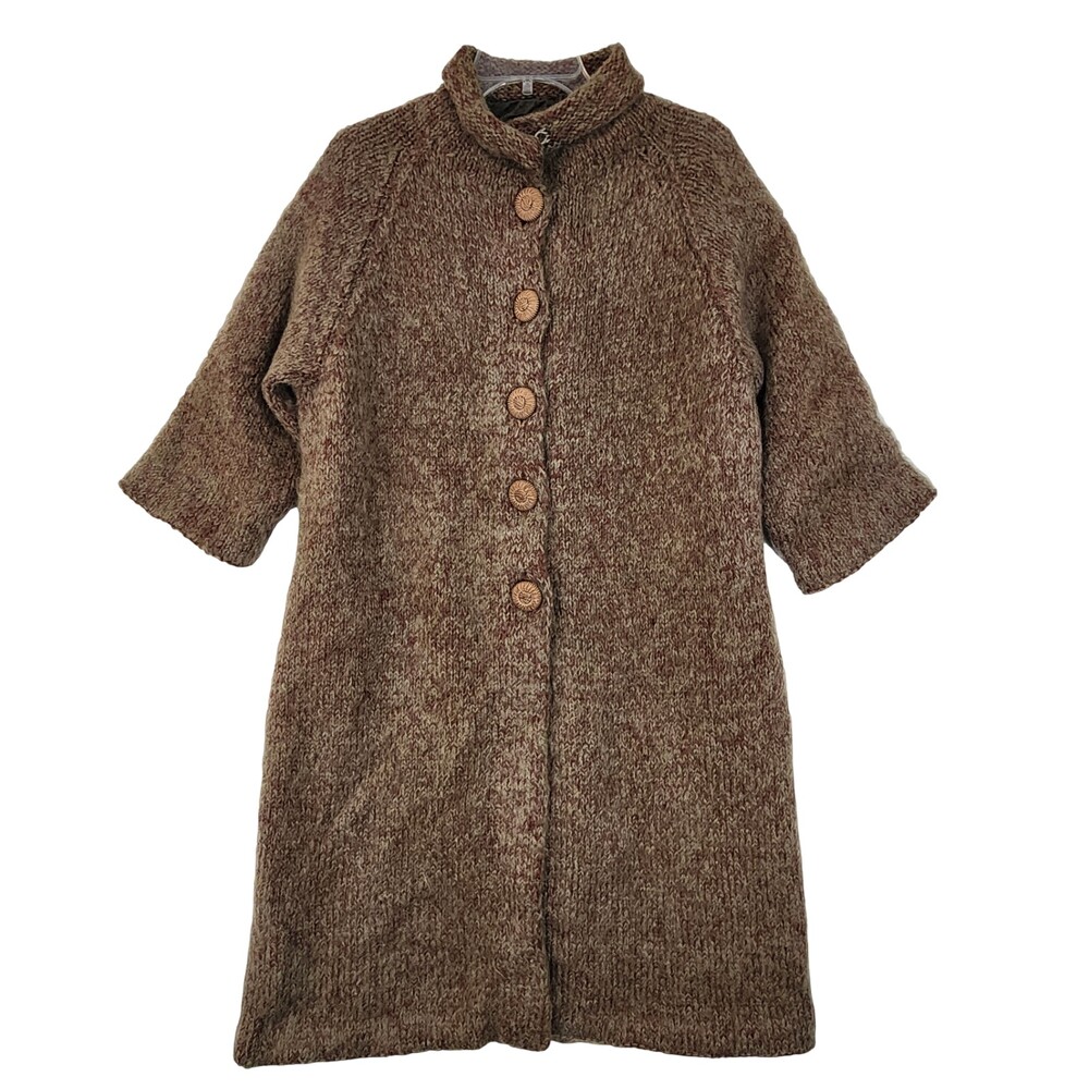 Vintage Hand-Knit Mohair Wool Coat Womens Brown Lined Handmade Warm Winter